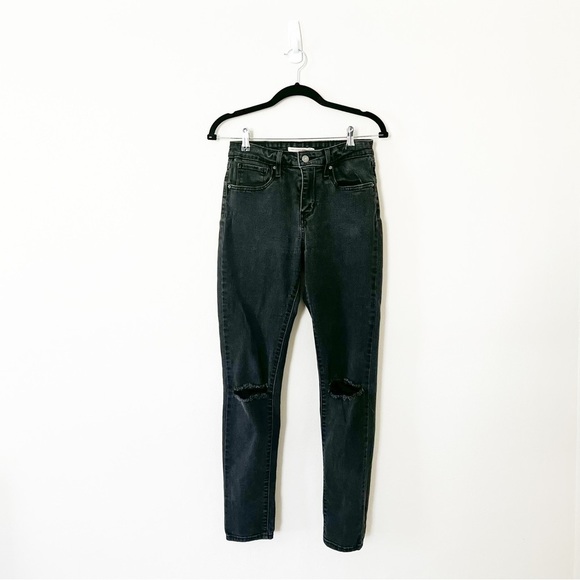 LEVI'S 721 High Rise Skinny Distressed Split Knee Black Washed Jeans Size 28 - Picture 3 of 4